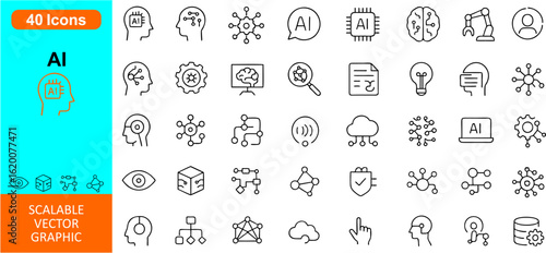 Futuristic vector icon set for Artificial Intelligence — includes AI brains, robots, neural networks, machine learning, automation, and tech symbols. Perfect for digital projects.


