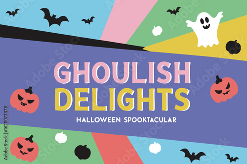 Ghoulish delights Halloween spooktacular banner with jack‑o‑lanterns bats pastel color panels