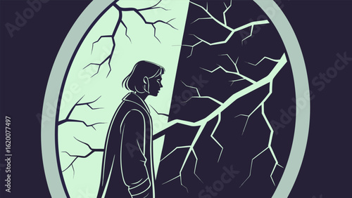 A solitary figure stands in profile gazing into a fractured world divided by light and shadow symbolizing a broken reality or inner turmoil