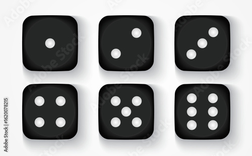 Black Dice Set – Vector Illustration of Dice with Numbers 1, 2, 3, 4, 5, 6 in 3D Style on White Background