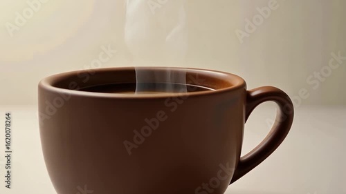 Steaming brown mug on a plain background