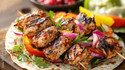 Grilled chicken skewers with vegetables on a tortilla