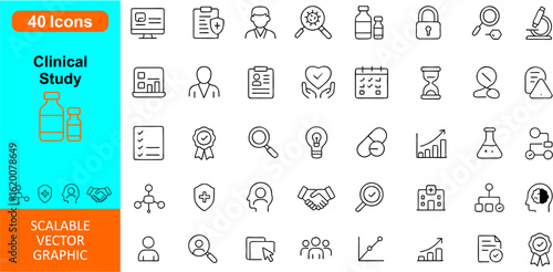 Detailed vector icon set for clinical studies — includes medical research, lab tests, patient data, reports, trials, and healthcare analytics. Ideal for medical, pharma, and biotech use.

