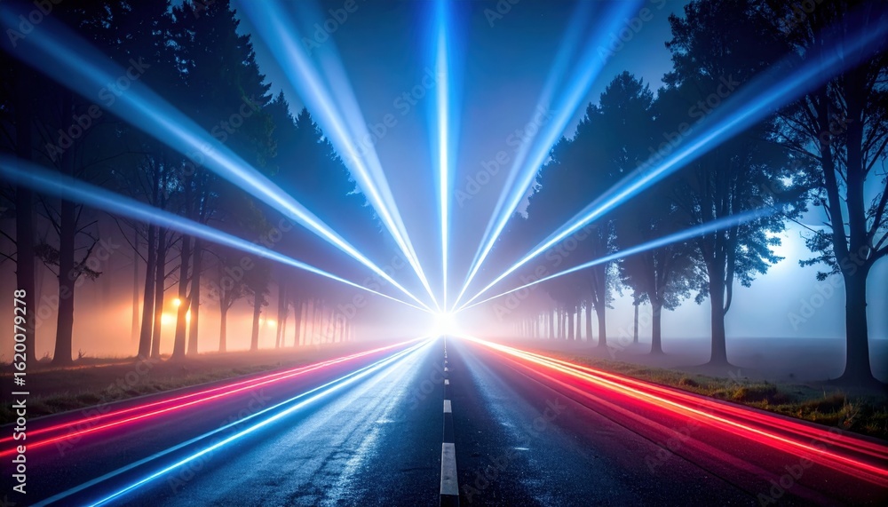 Obraz premium Colorful Illuminated Road At Night With Light Beams And Fog