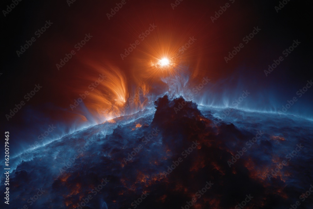 Fototapeta premium A stunning solar prominence displays fiery orange and blue tones as it erupts from the sun's surface, showcasing celestial activity