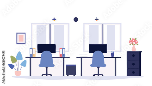 Illustration of a modern office space with desks chairs computers and decorative elements present