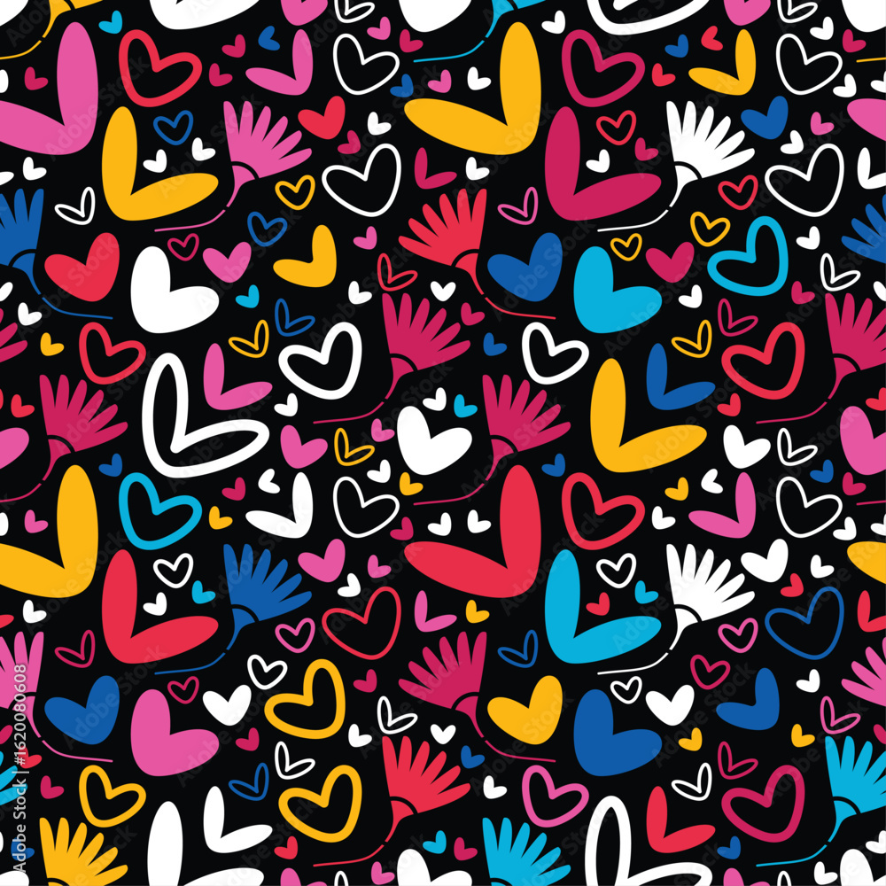 Naklejka premium Colorful seamless Valentine's Day pattern with hearts and wings on black background. Hand-drawn, playful design ideal for festive decor, textiles, and gift wrap.