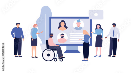 Group of people standing around a computer screen with video call faces and a person in a wheelchair