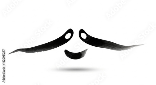 A whimsical black ink illustration depicts a stylized face with a mustache and a smiling mouth, evoking a sense of joy.