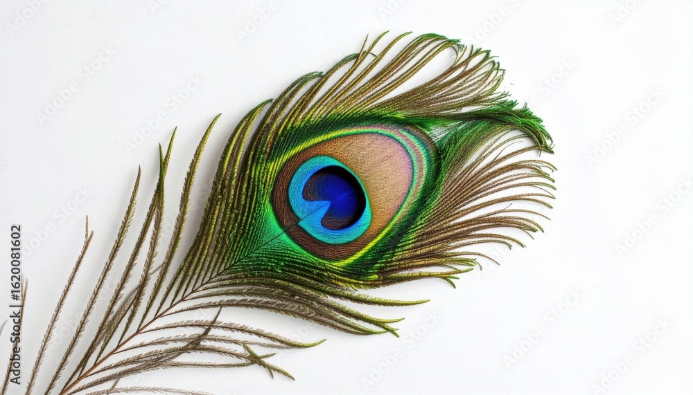 Obraz premium Closeup Peacock Feather Against White Background