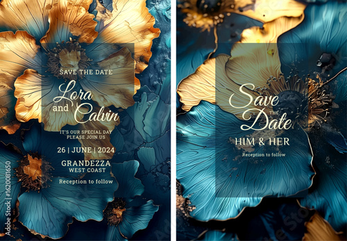 Blue and gold artistic wedding invitation template design, Luxury greeting design, save the date design, colorful texture, Hand drawn texture design for invitation