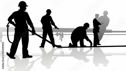 Silhouette of construction workers in hard hats working on a pipeline with reflections on the ground surface | editable eps vectors