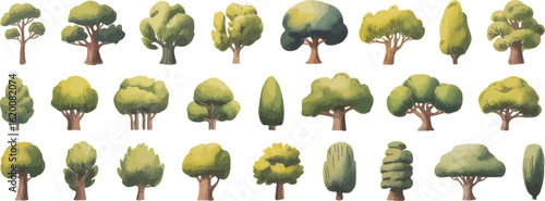 Watercolor illustration of stylized green trees with varying shapes and sizes arranged in three rows on a white background

