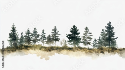 Watercolor Forest Landscape with Pine Trees and Soft Background