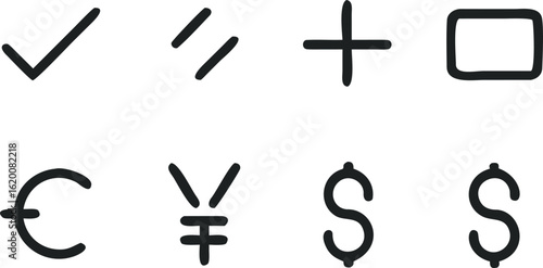 Set Of Eight Thin Line Icons Including Currency Symbols And Checkmarks euro