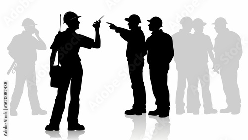 Silhouette of construction workers with hard hats communicating and pointing in a construction site area | editable eps vectors