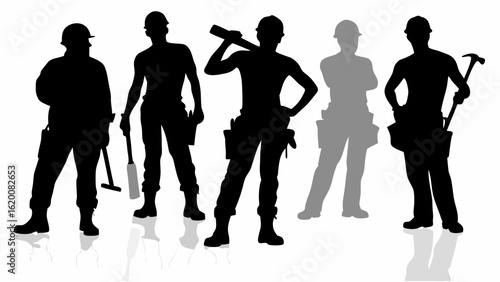 Silhouette of five construction workers with tools and hard hats in various poses and one in gray scale | editable eps vectors