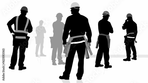 Silhouette depiction of a group of construction workers wearing hard hats and tool belts standing around | editable eps vectors