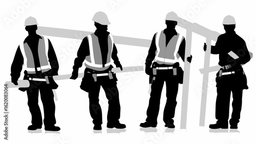 Four construction workers in silhouette carrying wooden beams wearing hard hats and safety vests working together | editable eps vectors