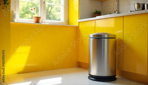 Sunny Kitchen's Corner: A gleaming metallic trash container stands as the focal point against the cheerful backdrop of a sunlit kitchen corner, painted in vivid yellow.
