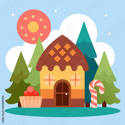 Sweet little house with chocolate, waffles and cookies vector landscape background.