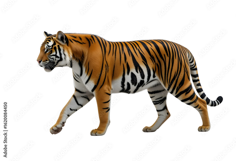 Obraz premium Full body Sumatran tiger in mid-step– Isolated Transparent PNG