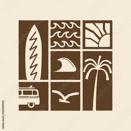 Hand Drawn Beach and Surf Patch, Palm Tree, Wave, Van, and Sunset Icons. Vintage Coastal Vibes for tshirt, beachwear, poster and other uses