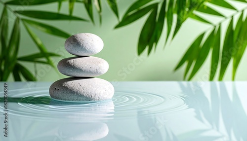 Serene Stack of Stones in Water with Palm Leaves Background