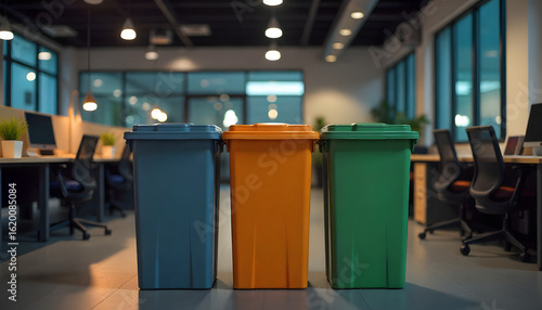 Garbage and recycling bins placed in park and office settings