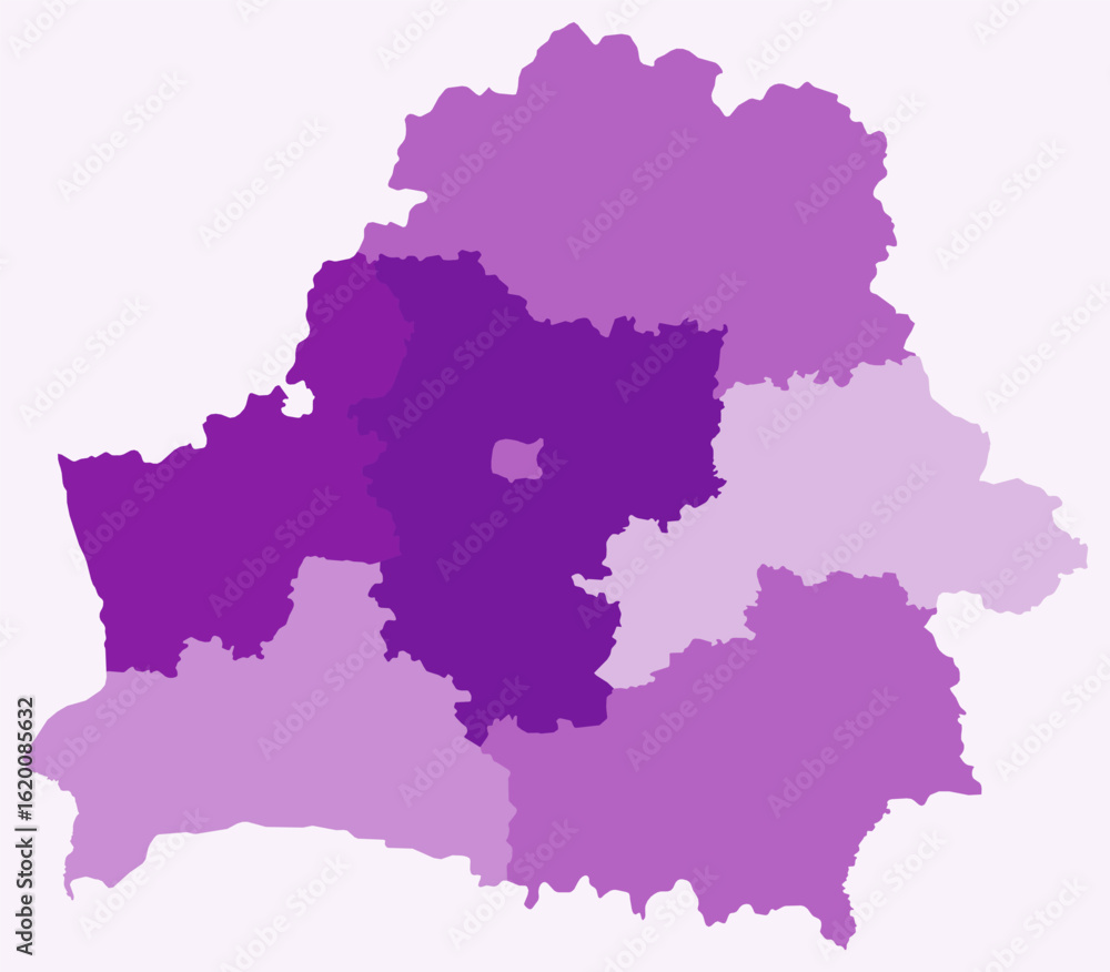 Obraz premium Map of Belarus with regions. Just a simple country border map with region division. Purple color palette. Plain Republic of Belarus shape with administrative division. Vector illustration.