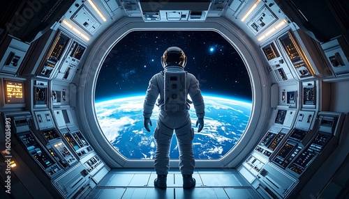Fototapeta Naklejka Na Ścianę i Meble -  Astronaut looking at Earth from spacecraft.