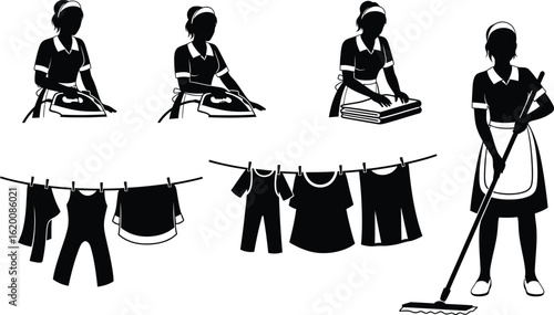 Silhouetted maids ironing, folding, mopping, and hanging clothes
