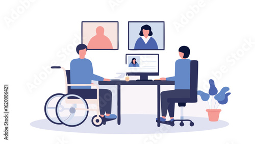 Illustration of two people in a video conference with one in a wheelchair at a desk in an office space