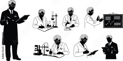 Scientists in lab coats performing experiments vector illustration