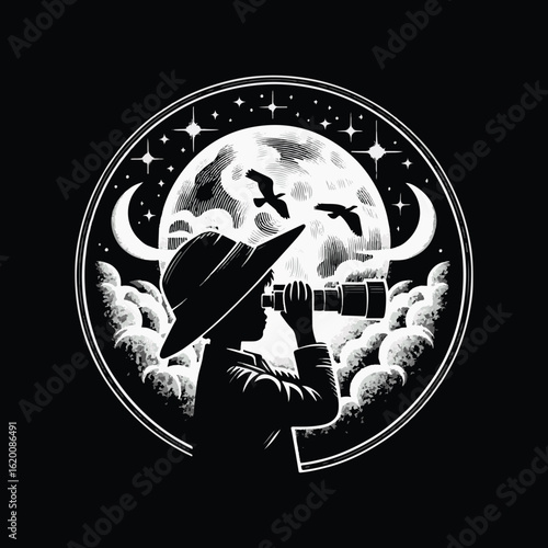Moon Gazer Night Sky Stars Silhouette T-Shirt Design