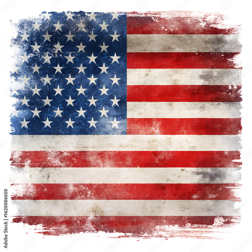 Naklejka premium Distressed american flag with grunge texture, featuring red, white, and blue stripes and stars, symbolizing patriotism and independence, isolated on transparent background