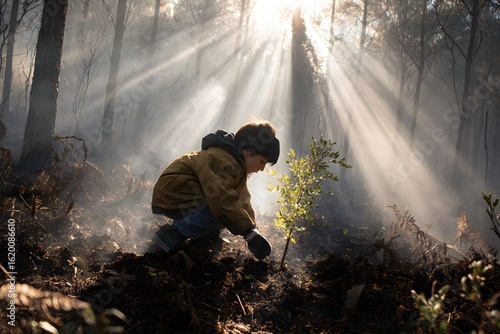 Youth Climate Action: Child Planting Tree in Burned Forest