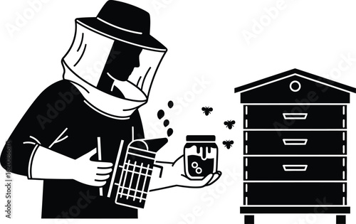 Beekeeper with smoker and honey jar near beehive