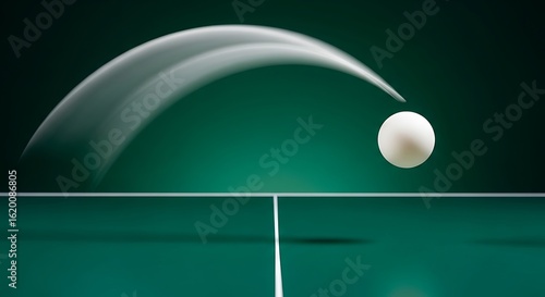 Dynamic Ping Pong Ball in Mid-Air with Motion Blur Over Green Table Tennis Surface, Illustrating Speed and Game Action