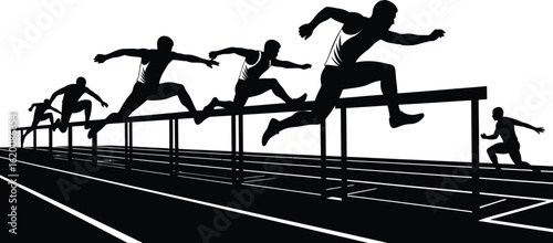 Silhouetted athletes jumping hurdles on a track