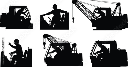 Silhouetted construction vehicles with operators