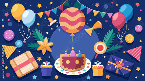 Vector art of festive birthday celebration with colorful balloons, cake, gifts, and party decorations on a dark blue background, creating a joyful and exciting atmosphere for a special event