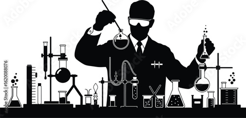 Silhouette of scientist with laboratory equipment