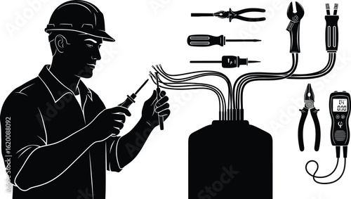 Electrician working with wires and tools vector illustration