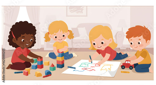 Happy diverse children engaged in creative play activities on the floor indoors. They are building blocks, drawing, and playing with toys, fostering learning and development in a joyful environment.