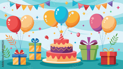 Vector art of a cheerful birthday party scene with a multilayered cake, glowing candle, assorted balloons, and wrapped gift boxes, creating a festive and happy atmosphere