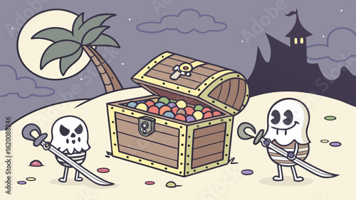 Whimsical cartoon treasure chest filled with colorful gems guarded by a spooky skeleton pirate and a friendly ghost pirate on a moonlit island