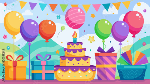 Vector art of a delightful birthday illustration showcasing a festive cake with a lit candle, accompanied by bright balloons and gift boxes, perfect for any celebratory occasion