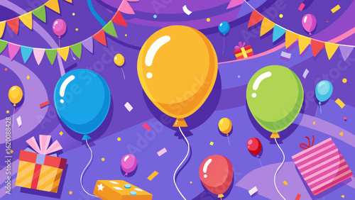 Vector art of vibrant birthday celebration with floating balloons, gift boxes, and colorful confetti, creating a festive atmosphere for a happy event
