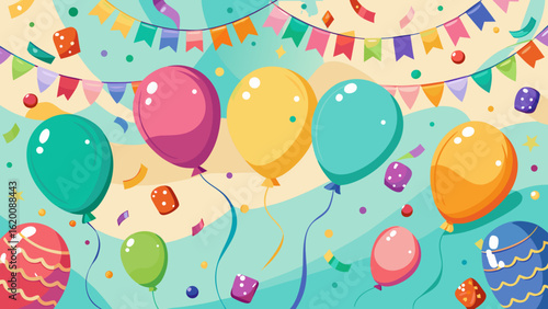 Vector art of a vibrant and festive illustration featuring a collection of colorful balloons floating against a backdrop of confetti and bunting, perfect for birthday celebrations and joyful events